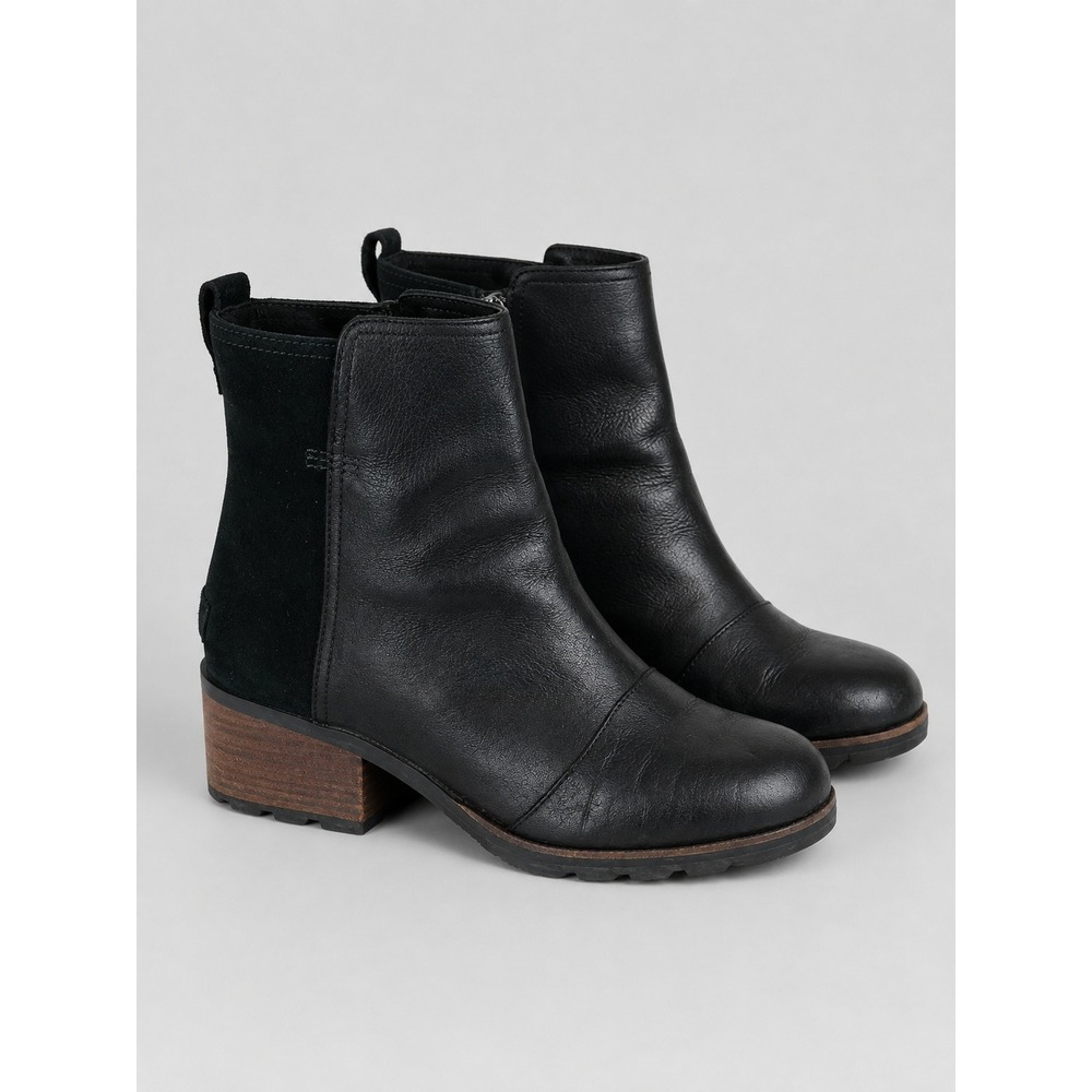 Sorel Lolla Ankle Boots Women 9.5 Black Leather Suede Chunky Block Heel Boho